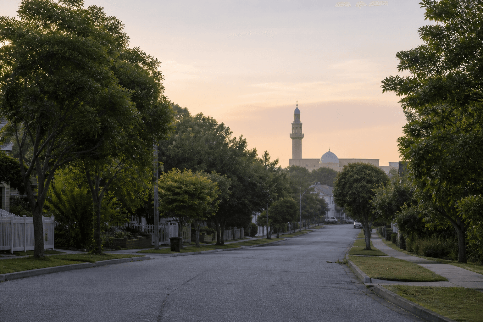 Quiet neighborhood street at soft sunrise