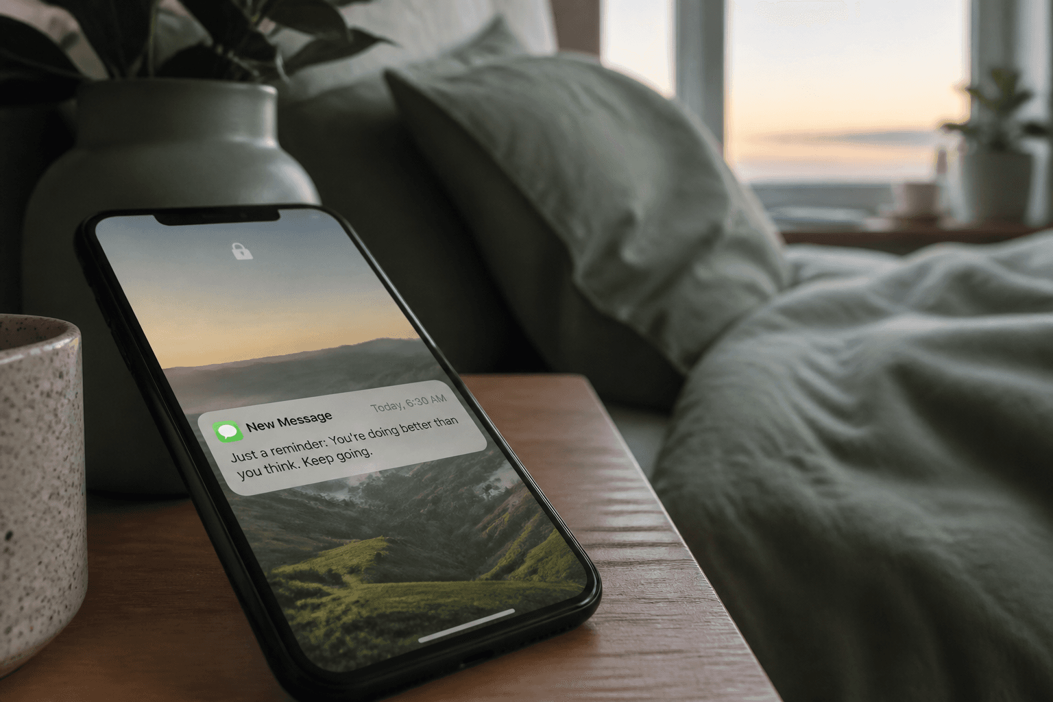Phone on a nightstand with a morning text notification