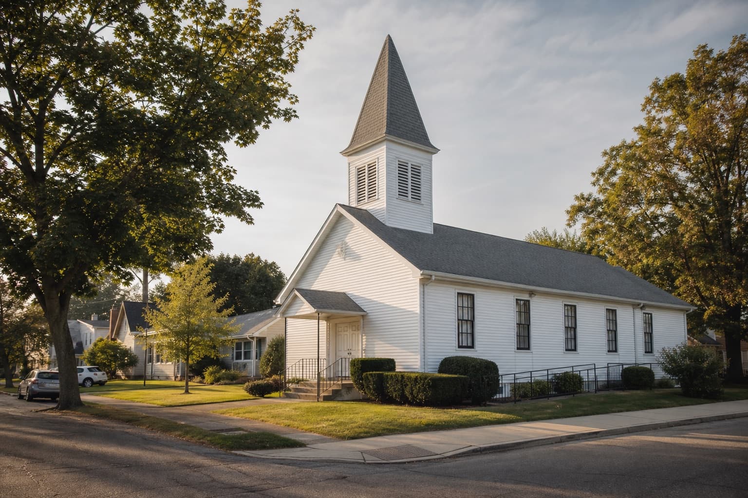 A neighborhood church on a quiet street in daylight