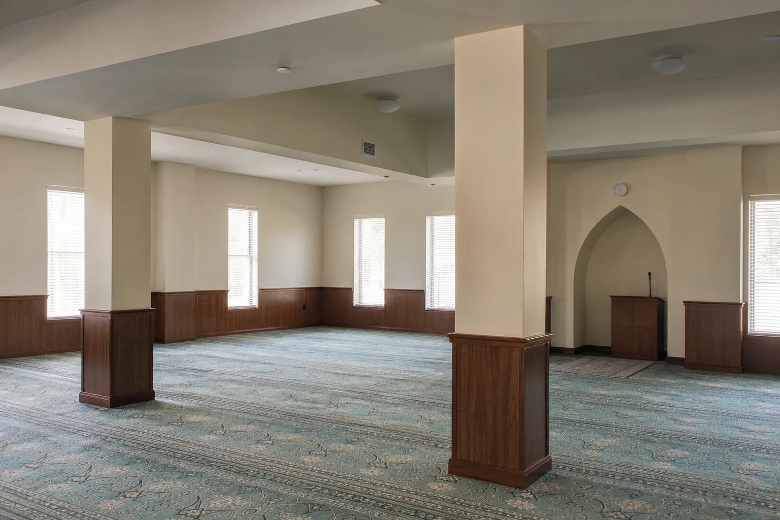 Mosque prayer hall with soft daylight