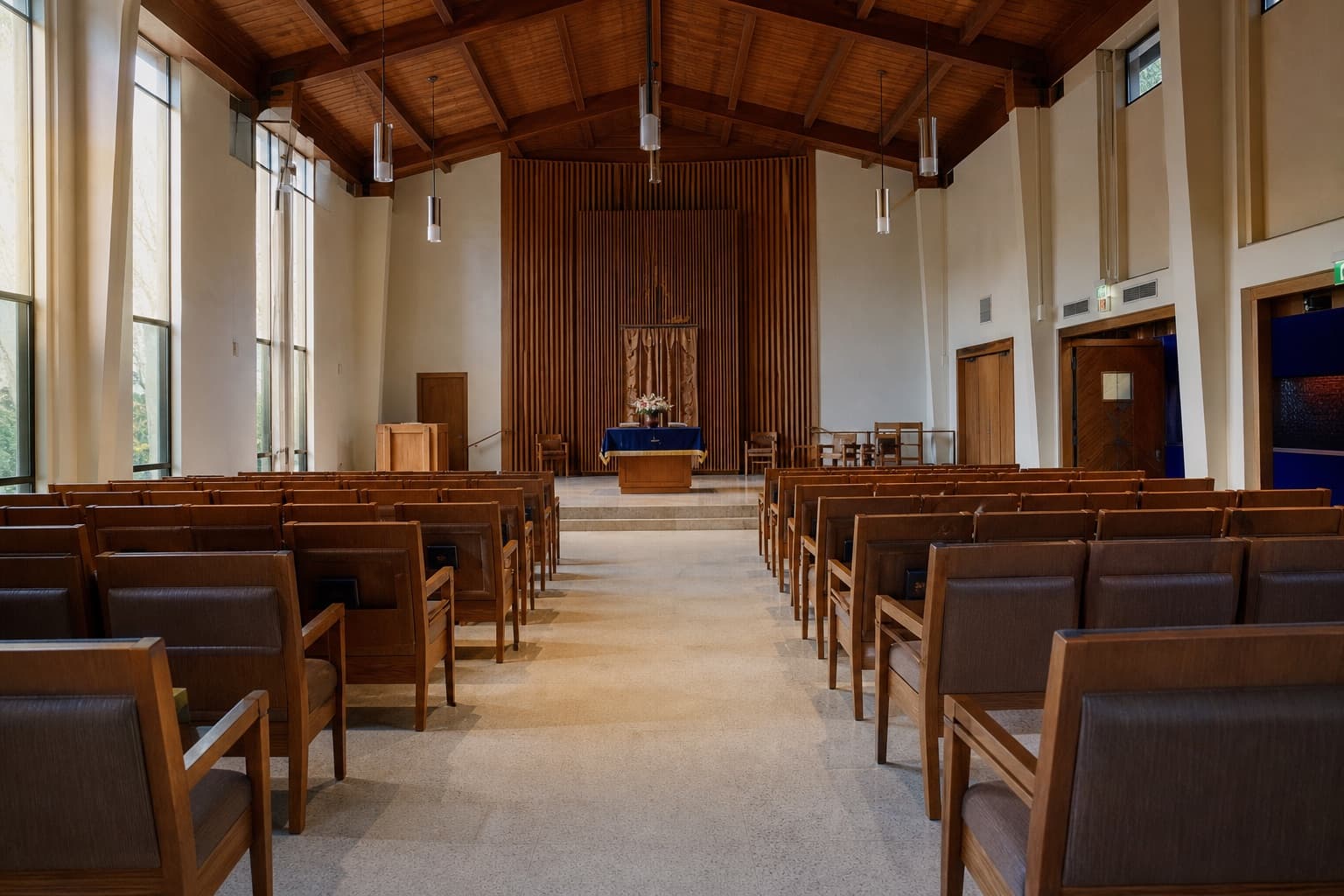 Synagogue sanctuary with warm wood and daylight
