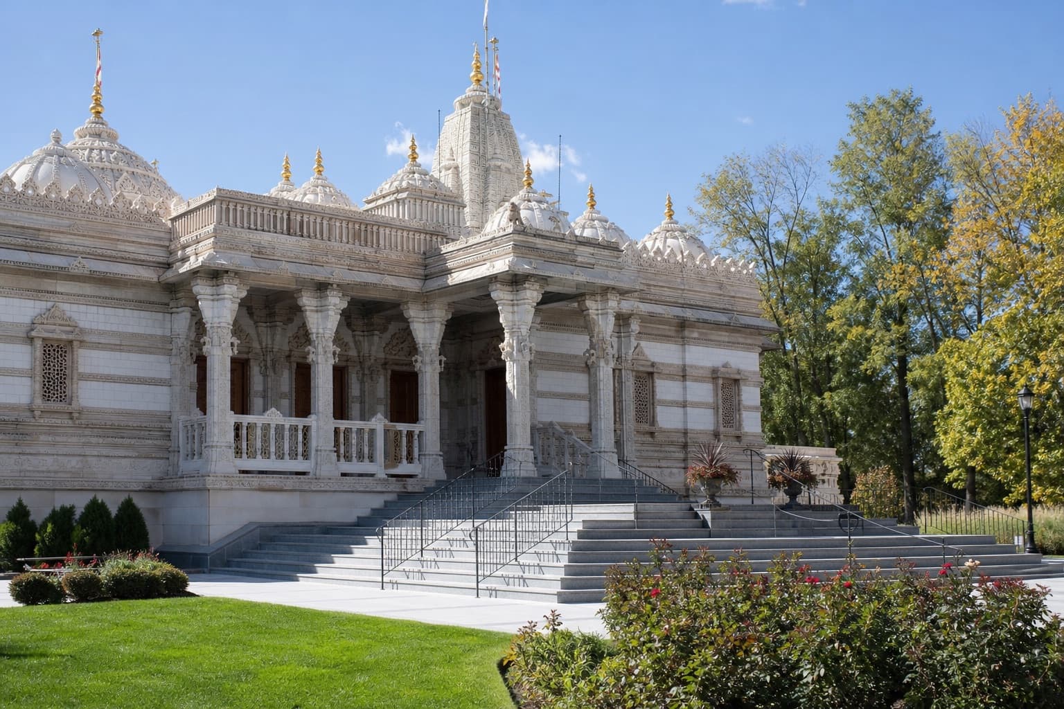 Temple exterior with landscaping in daylight